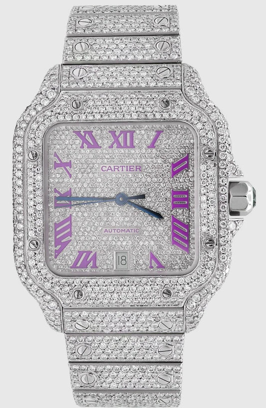 All white Cartier purple Roman numeral dial