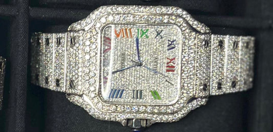 Iced out colorful dial Cartier moissanite